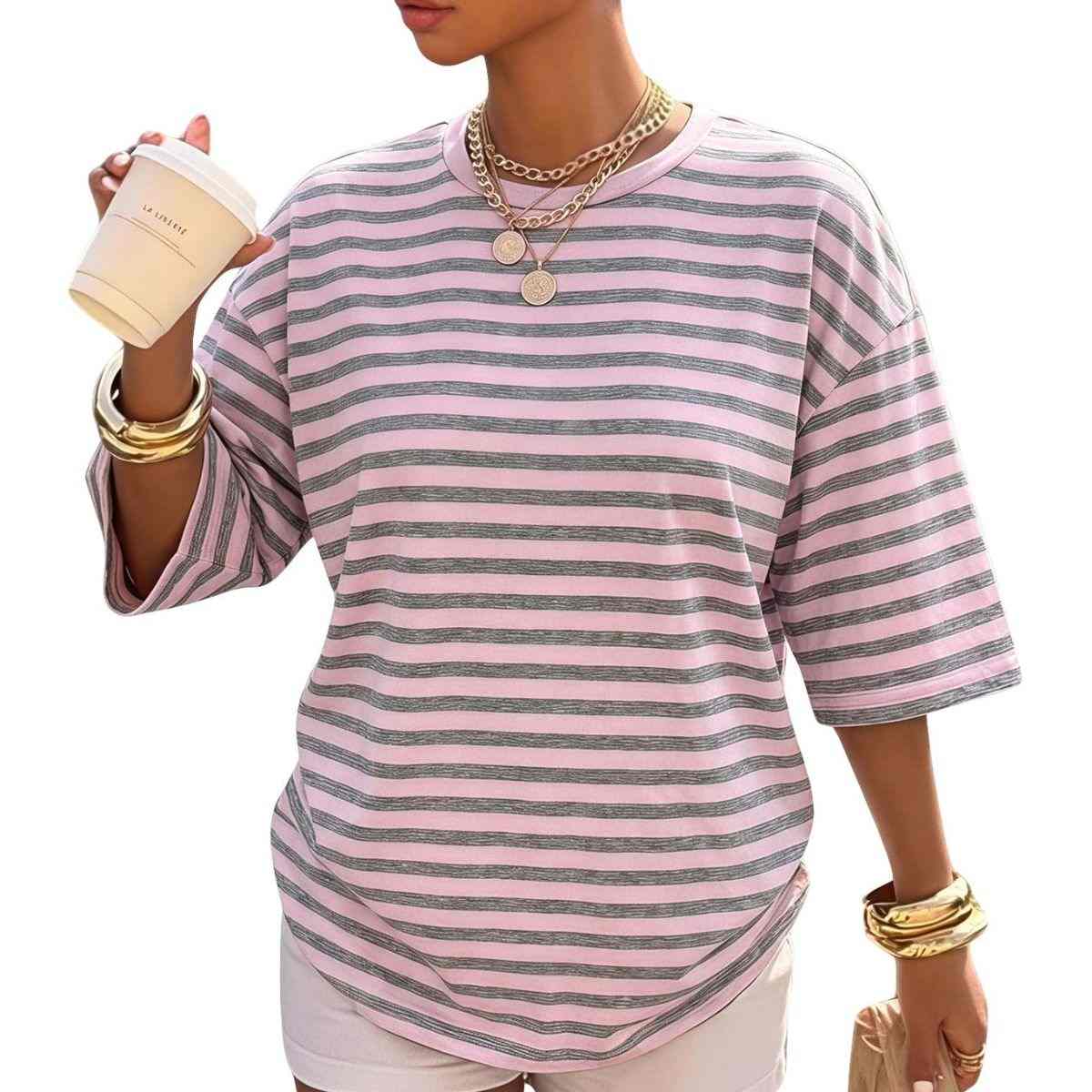 Women’s Y2K Striped Print Loose Short Sleeve T-Shirt