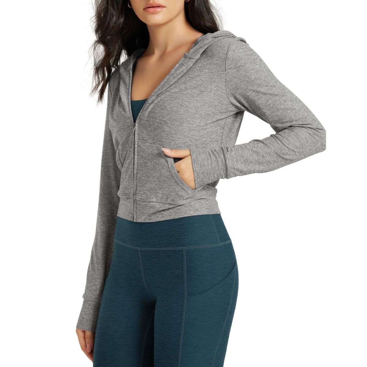 Women’s Full Zip Up Hooded Cropped Jacket with Pockets