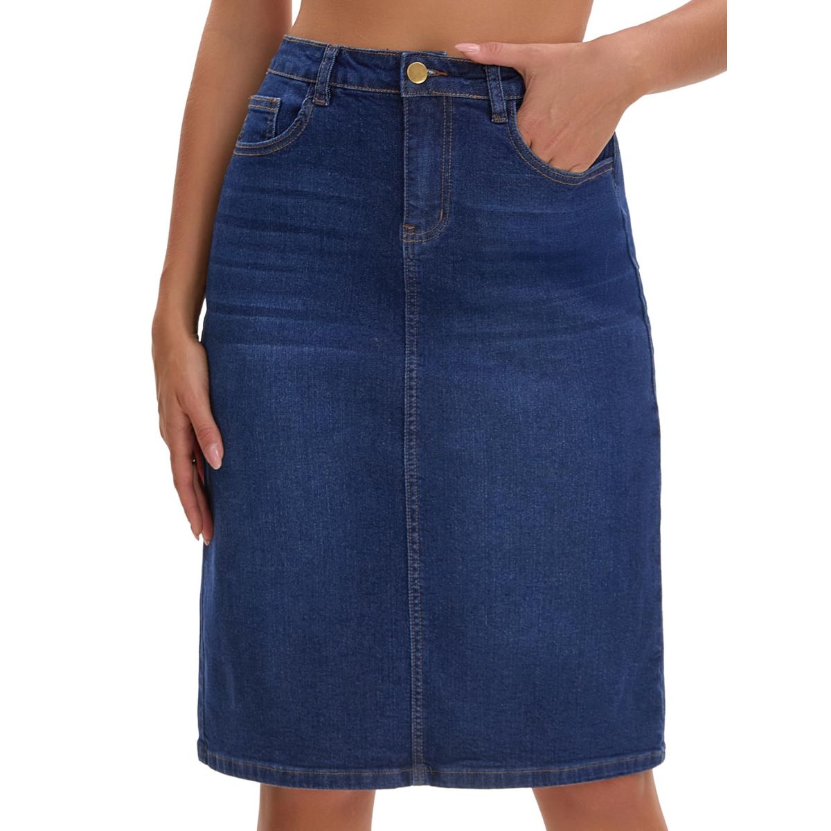 Women’s Stretchy Back Slit Midi Denim Skirt