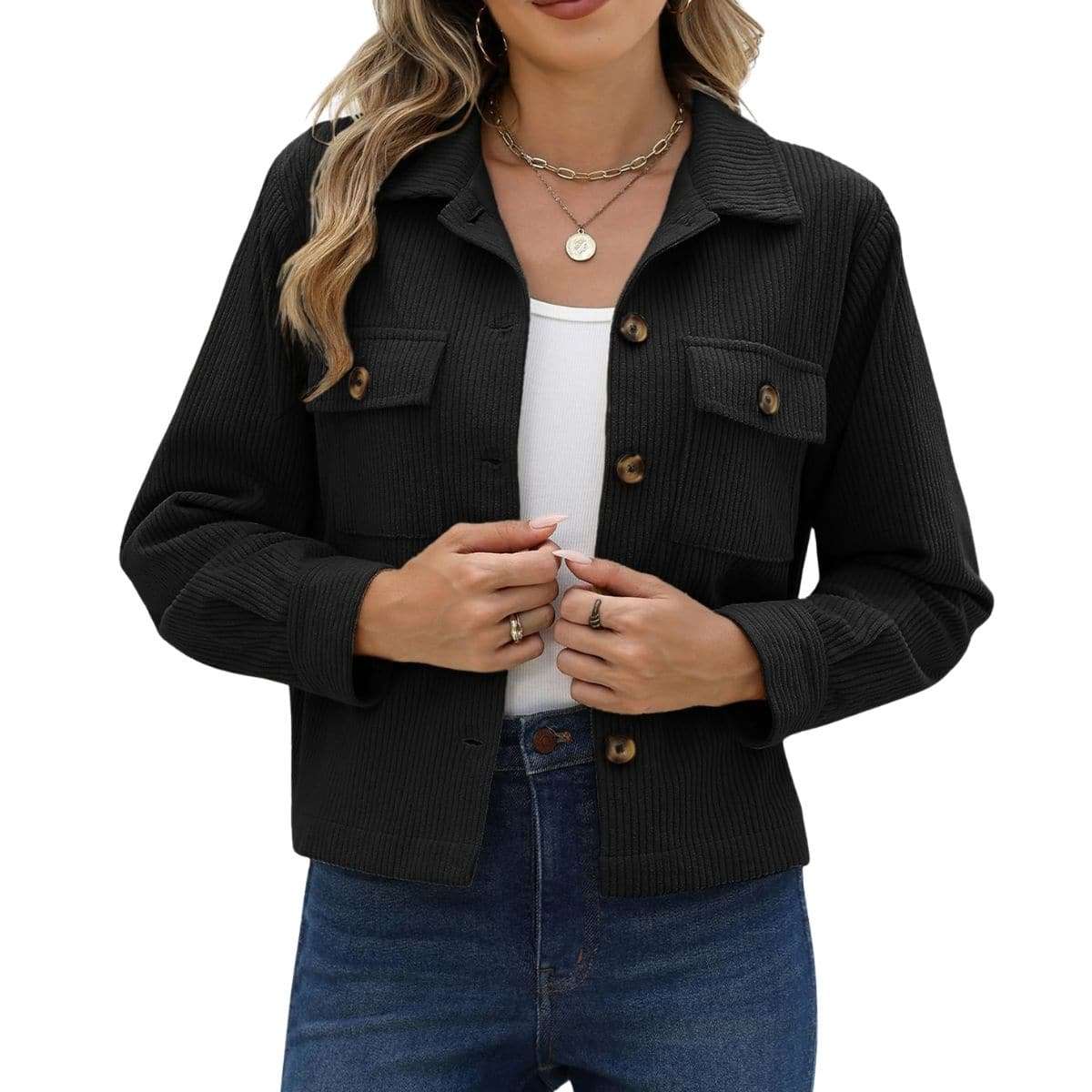 Women’s Fashion Cropped Corduroy Collared Long Sleeve Jacket