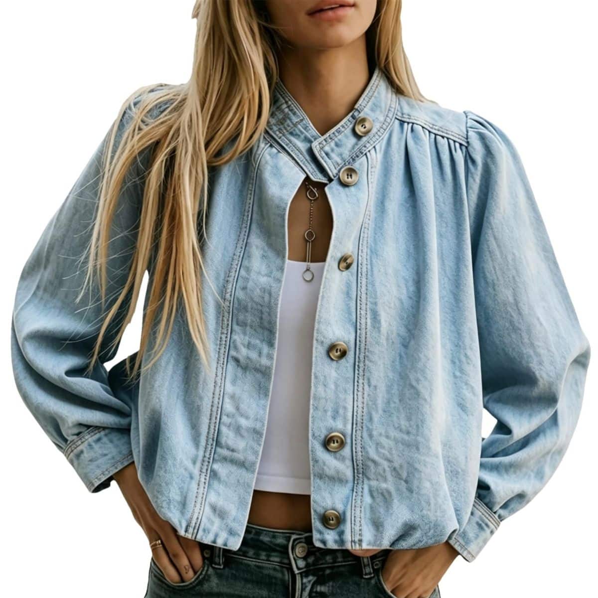 Women’s Puff Sleeve Button Vintage Denim Jacket