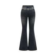 Women’s Gothic Punk Rhinestone Embroidered Flare Jeans