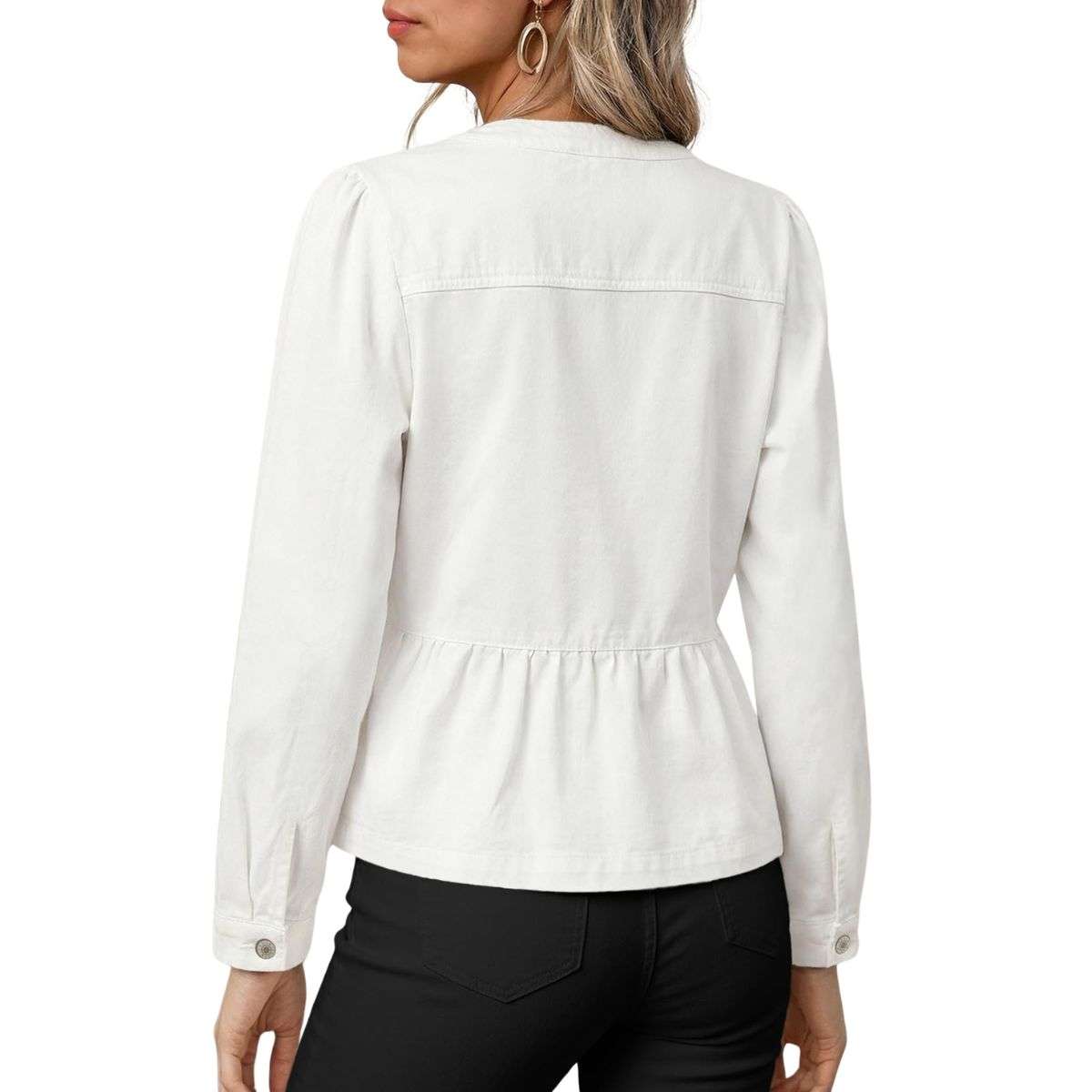 Women’s Collarless Button Front Cinched Waist Long Sleeve Denim Jacket