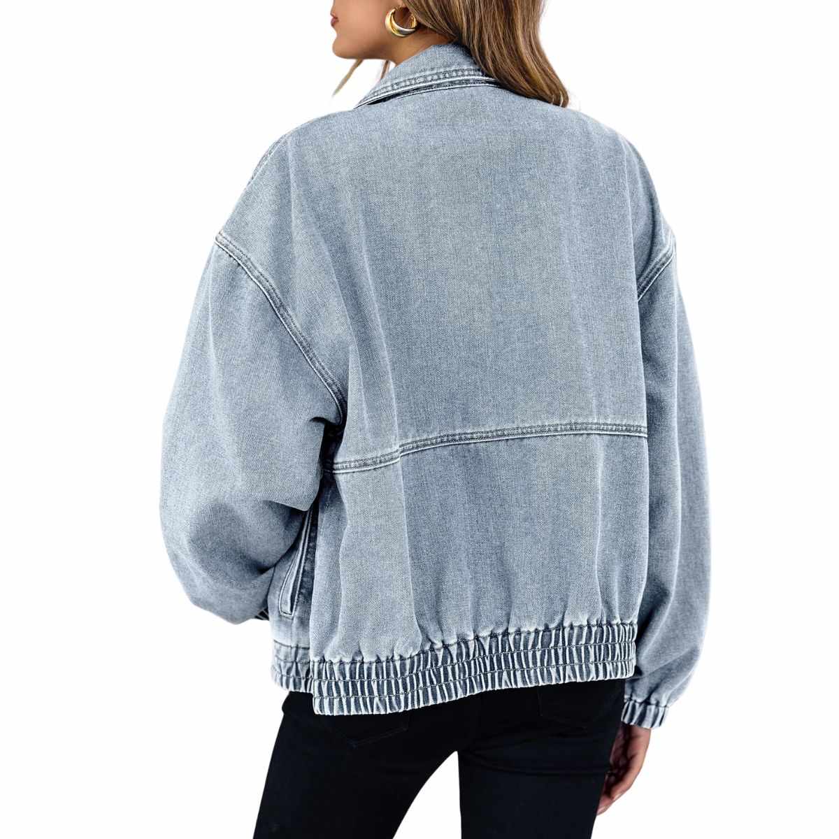 Women’s Zip Up Long Sleeve Loose Fit Denim Jacket