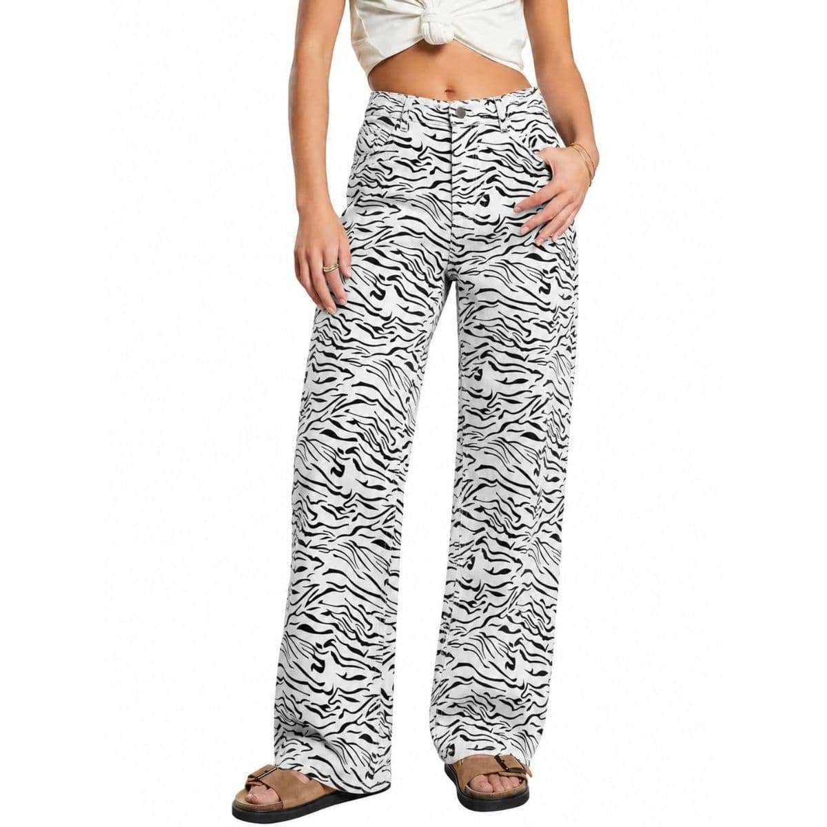 Women’s High Rise Leopard Print Wide Leg Loose Fit Jeans