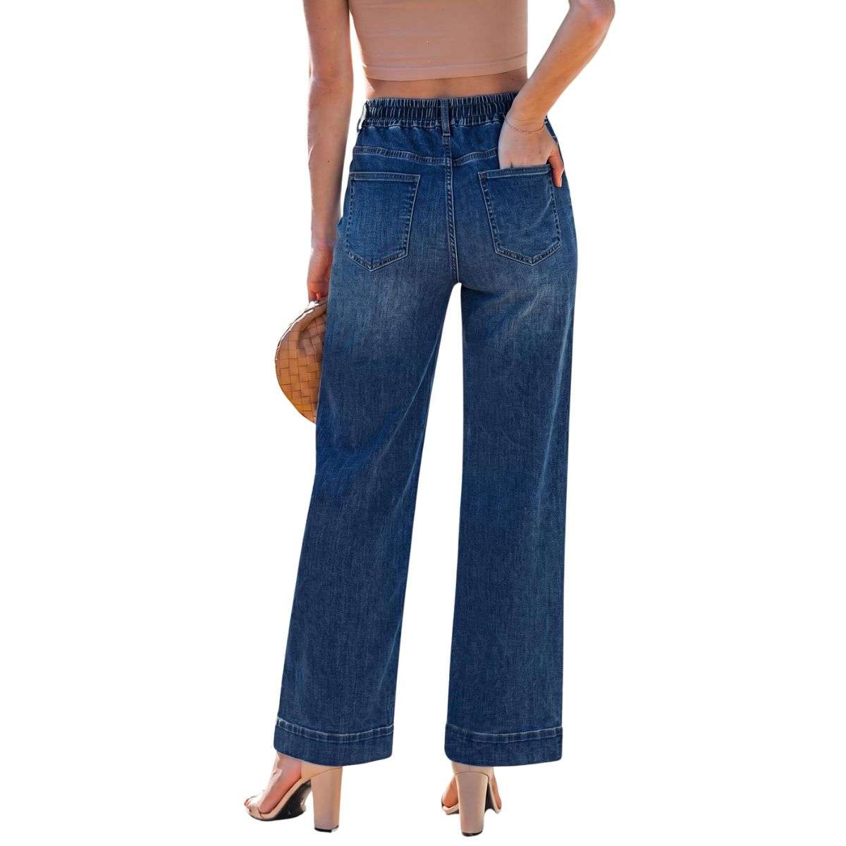 Women’s High Waist Pull On Stretchy Straight Leg Denim Long Pants