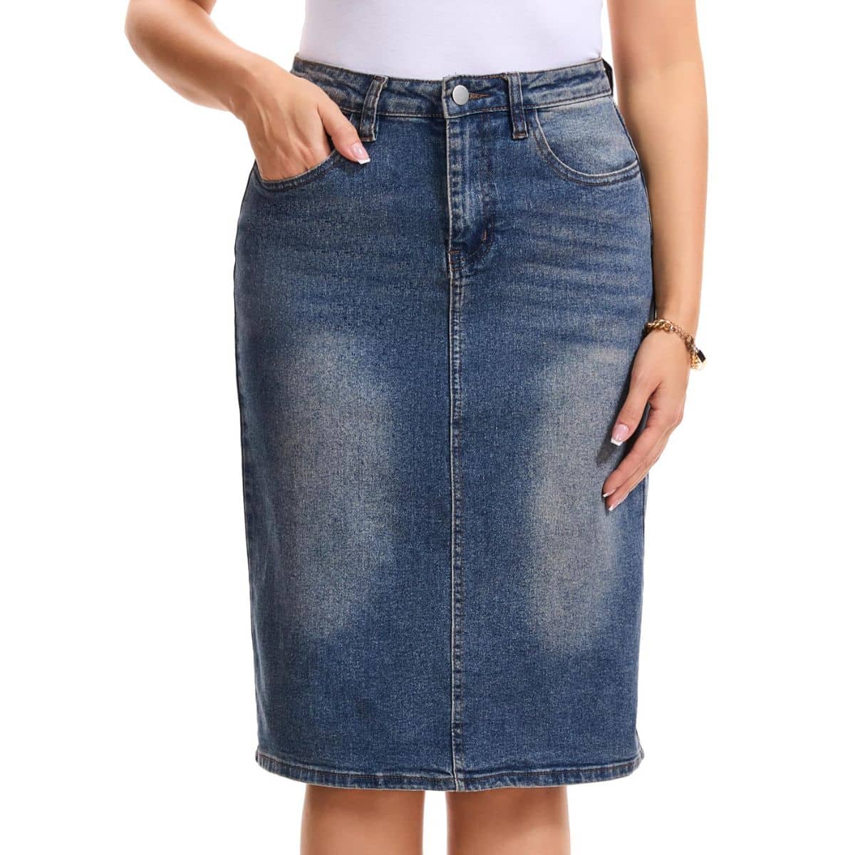 Women’s Stretchy Back Slit Midi Denim Skirt