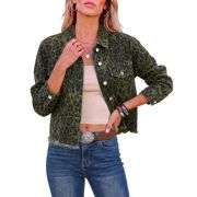 Women’s Cheetah Print Stretch Frayed Hem Denim Jacket