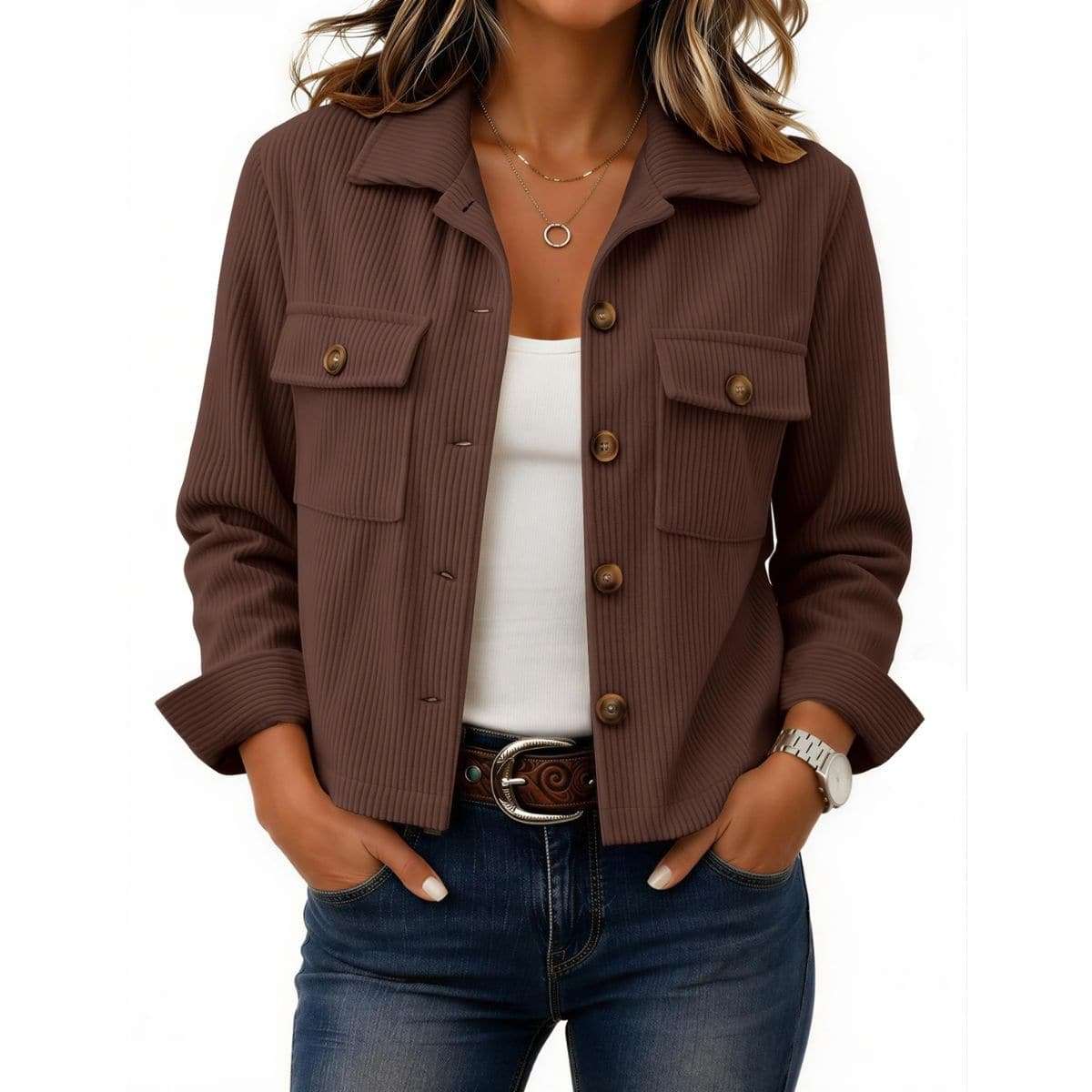 Women’s Fashion Cropped Corduroy Collared Long Sleeve Jacket