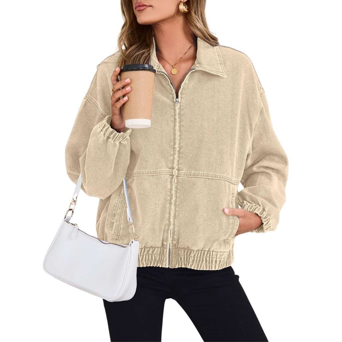 Women’s Zip Up Long Sleeve Loose Fit Denim Jacket