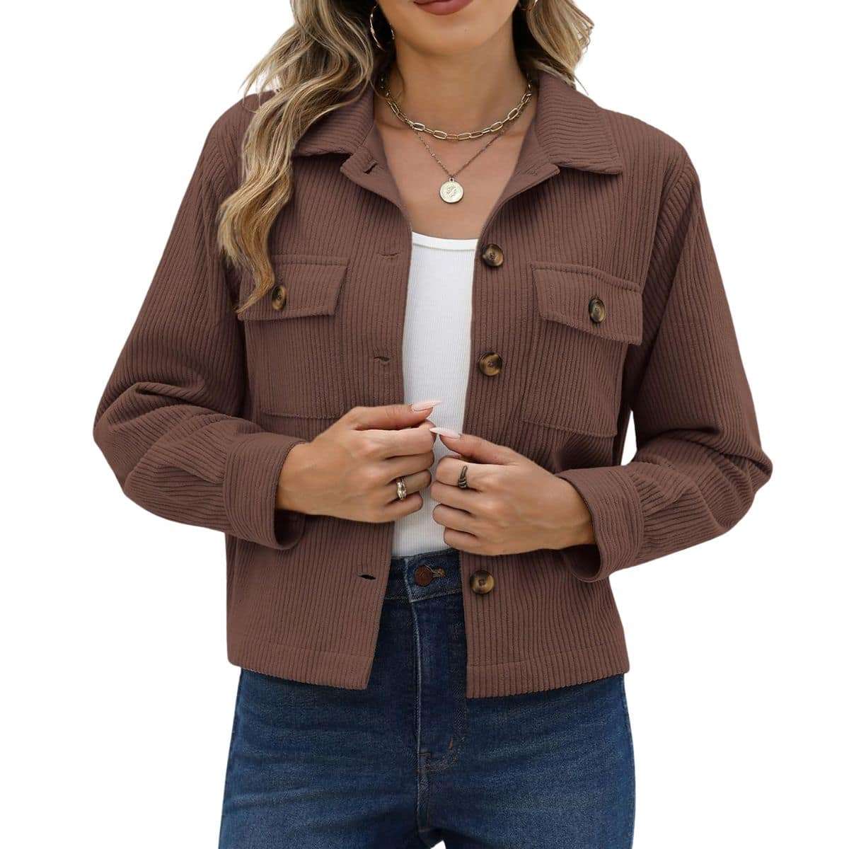 Women’s Fashion Cropped Corduroy Collared Long Sleeve Jacket