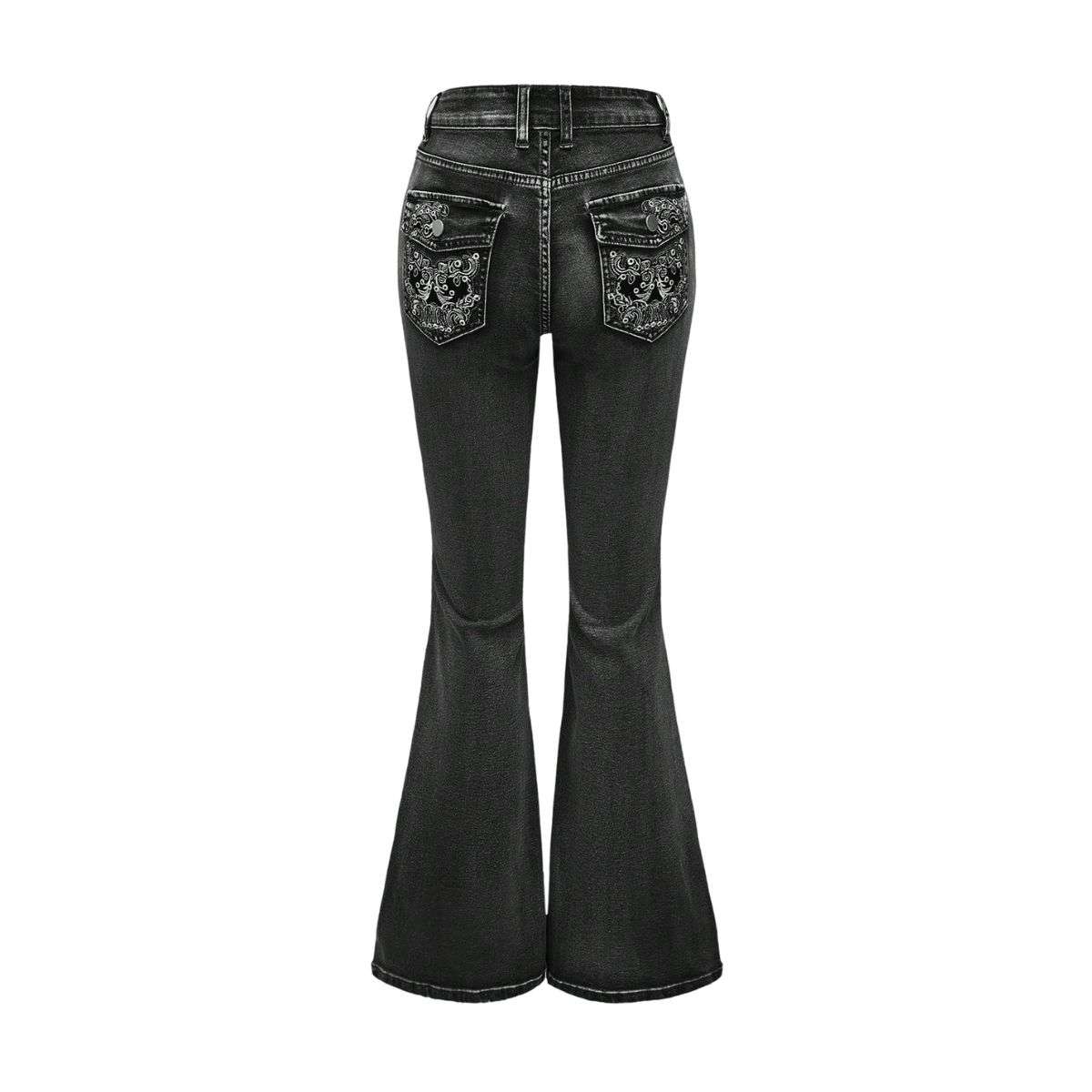 Women’s Gothic Punk Rhinestone Embroidered Flare Jeans