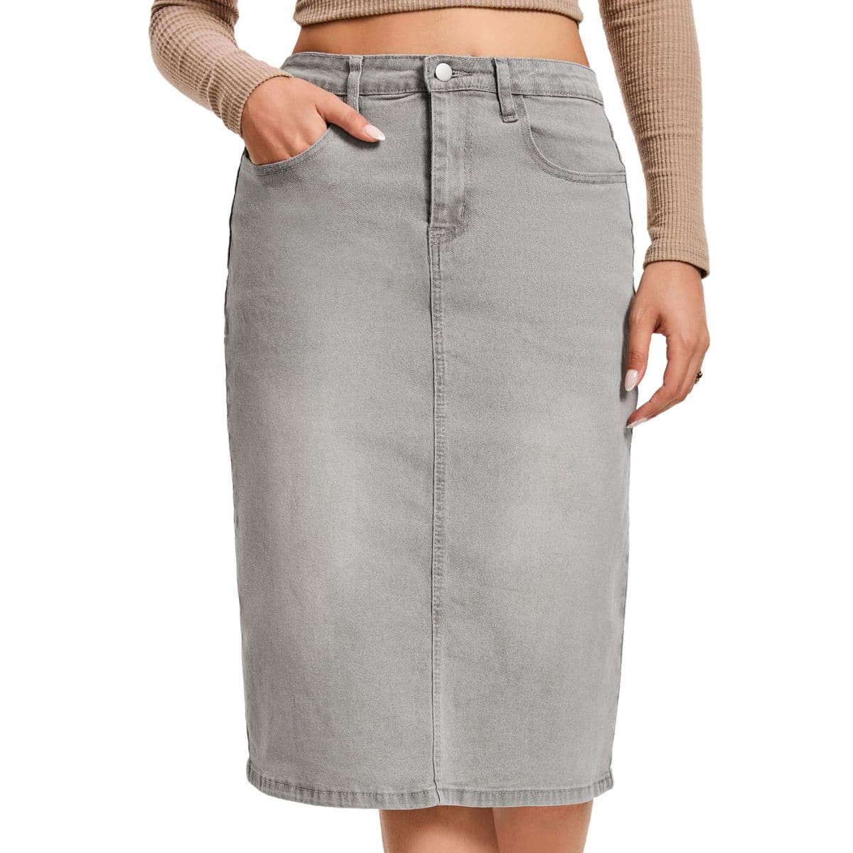 Women’s Stretchy Back Slit Midi Denim Skirt