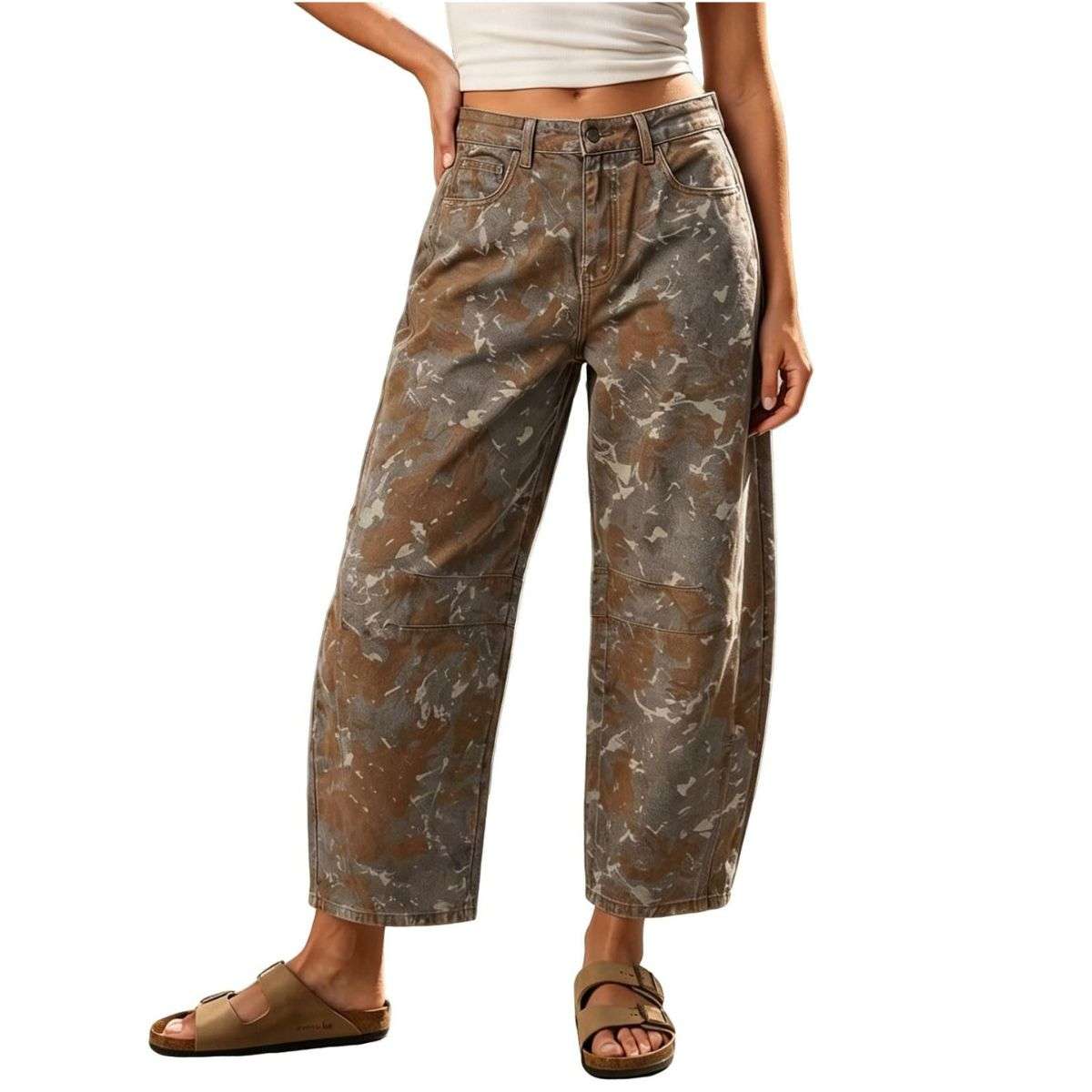 Women’s Mid Rise Printed Loose Barrel Leg Jeans