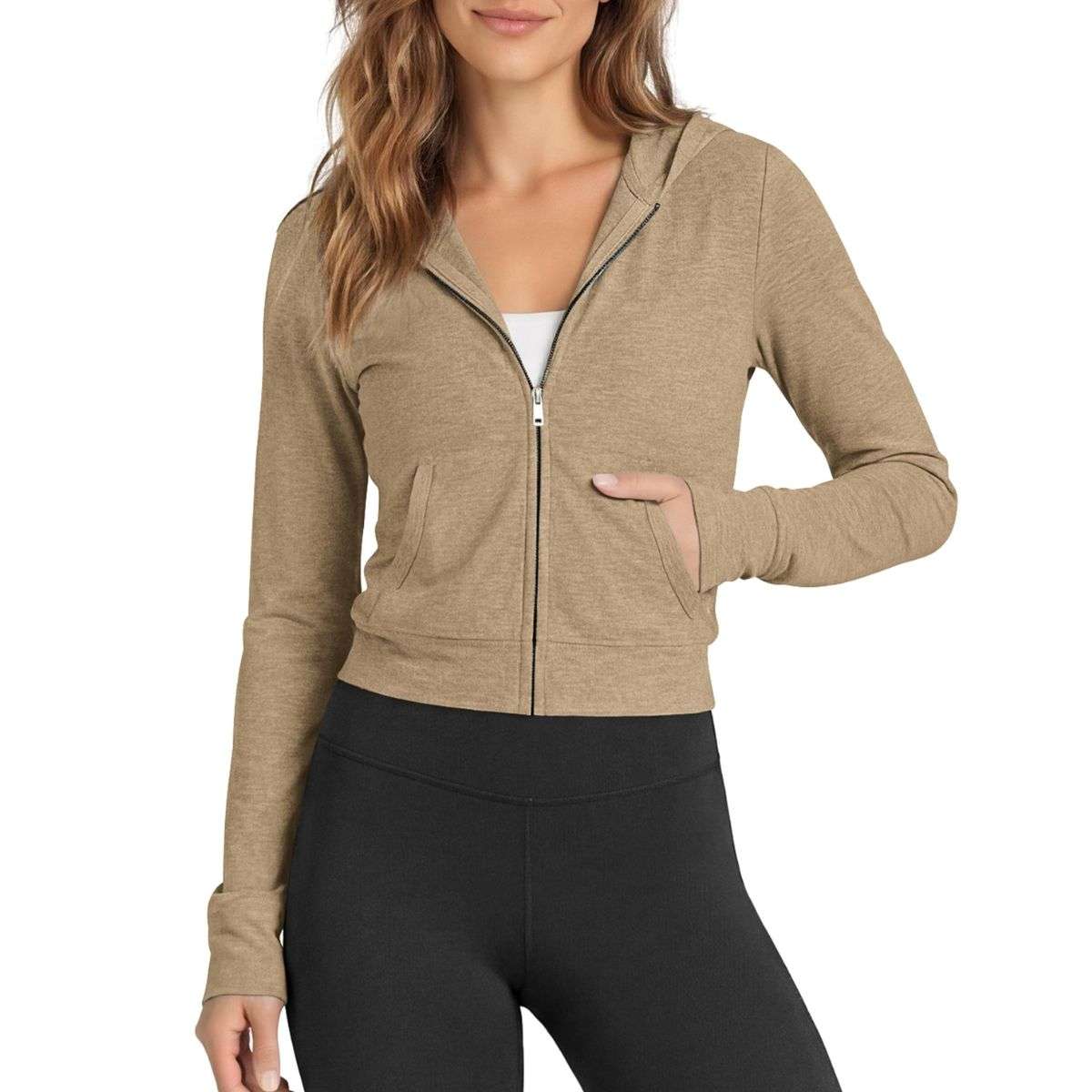 Women’s Full Zip Up Hooded Cropped Jacket with Pockets
