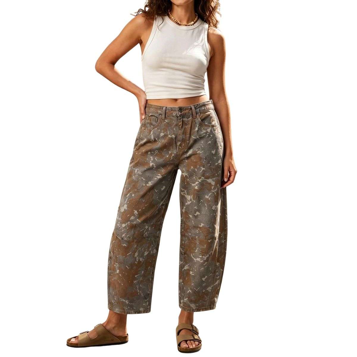 Women’s Mid Rise Printed Loose Barrel Leg Jeans