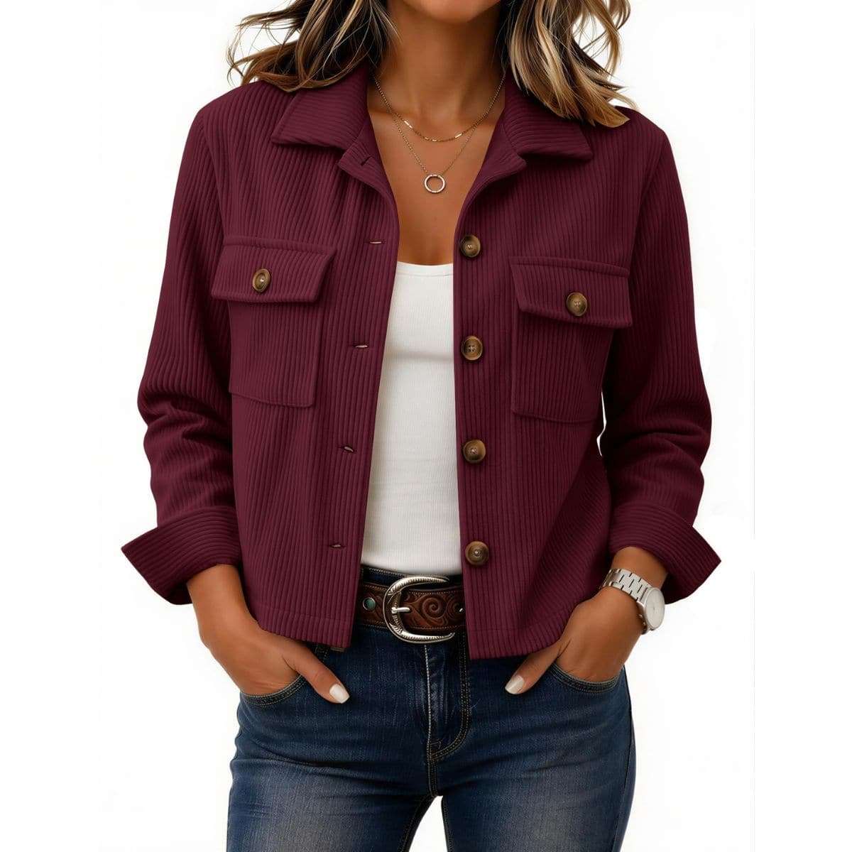 Women’s Fashion Cropped Corduroy Collared Long Sleeve Jacket