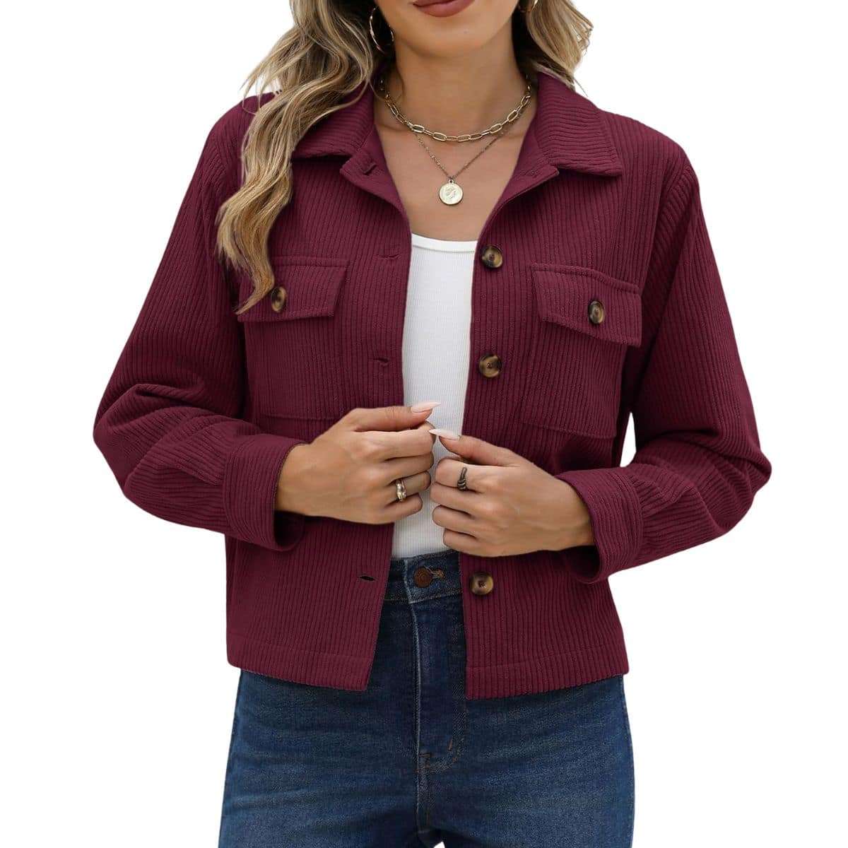 Women’s Fashion Cropped Corduroy Collared Long Sleeve Jacket
