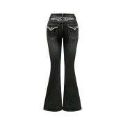 Women’s Gothic Punk Rhinestone Embroidered Flare Jeans