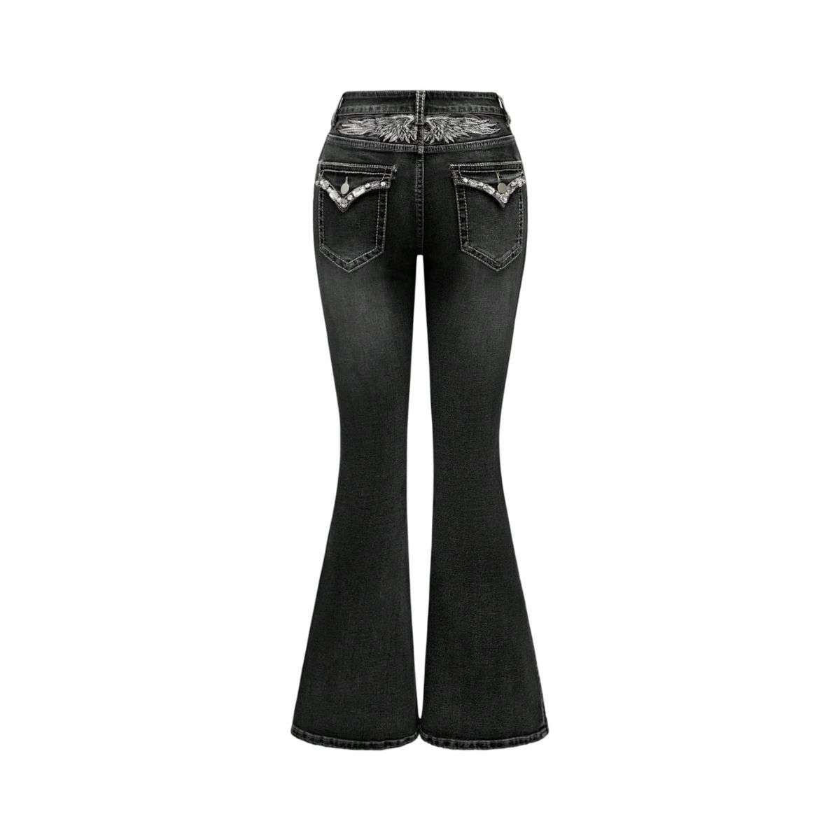 Women’s Gothic Punk Rhinestone Embroidered Flare Jeans