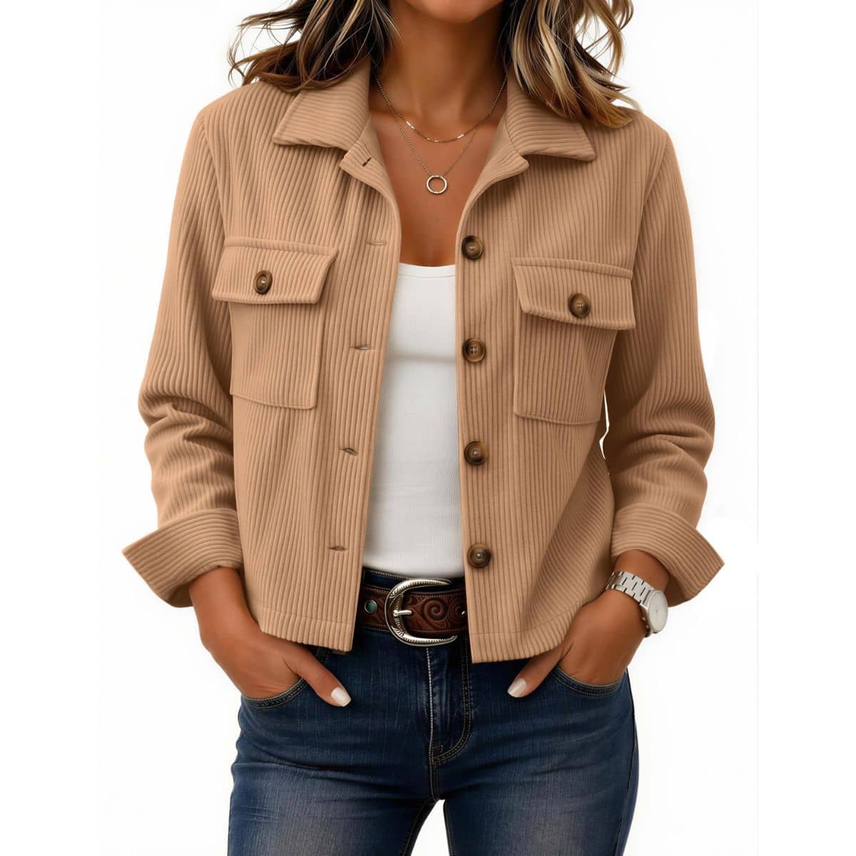 Women’s Fashion Cropped Corduroy Collared Long Sleeve Jacket