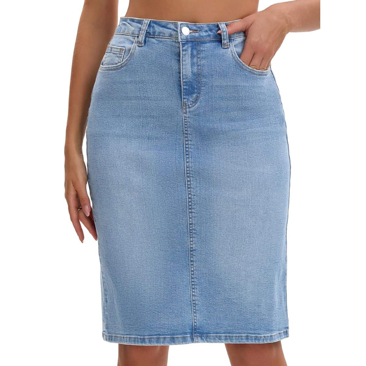 Women’s Stretchy Back Slit Midi Denim Skirt