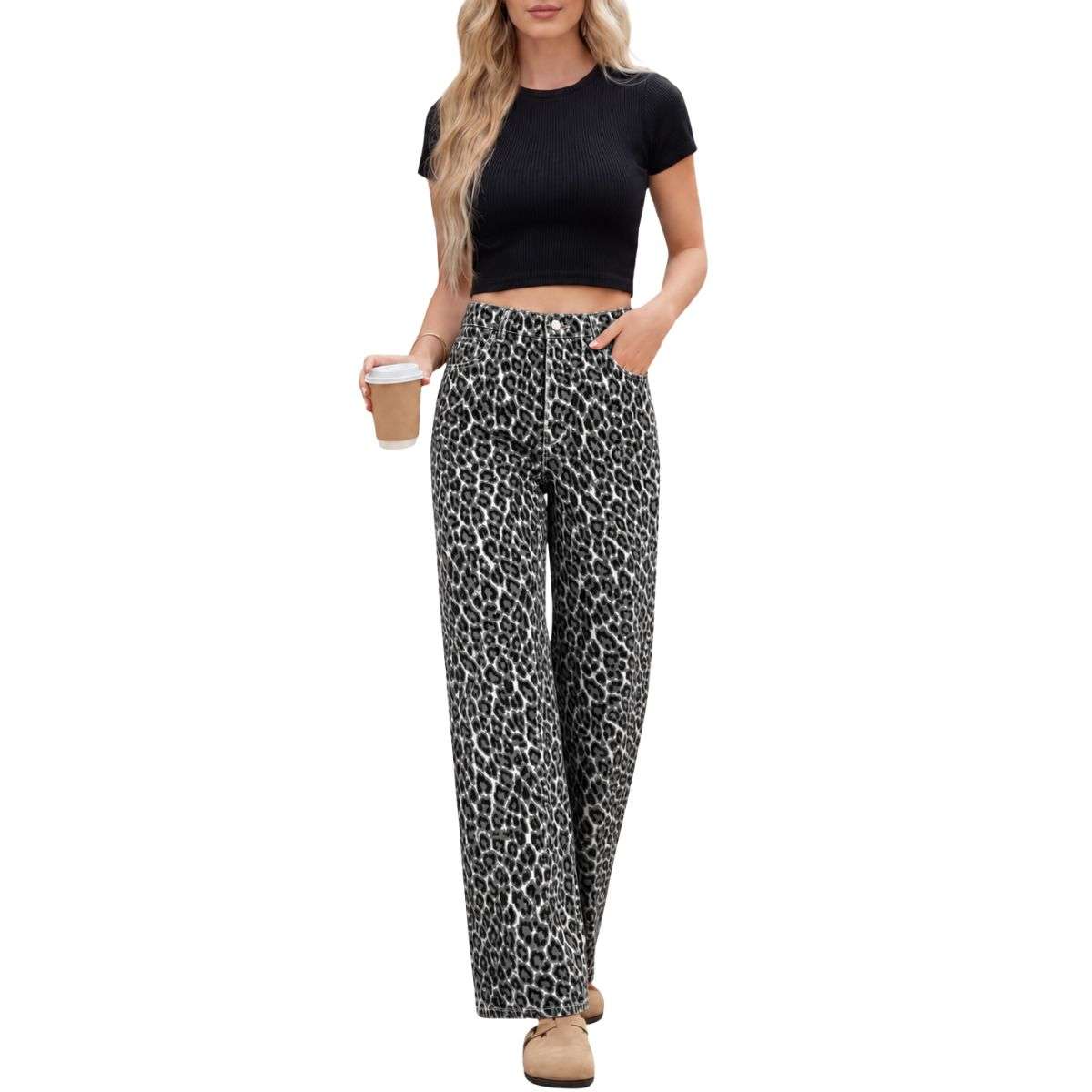 Women’s High Rise Leopard Print Wide Leg Loose Fit Jeans