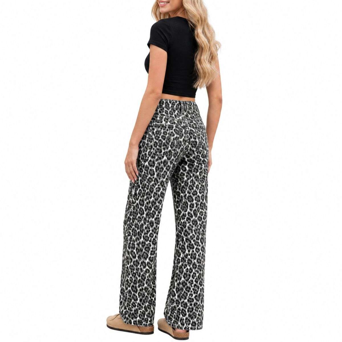 Women’s High Rise Leopard Print Wide Leg Loose Fit Jeans