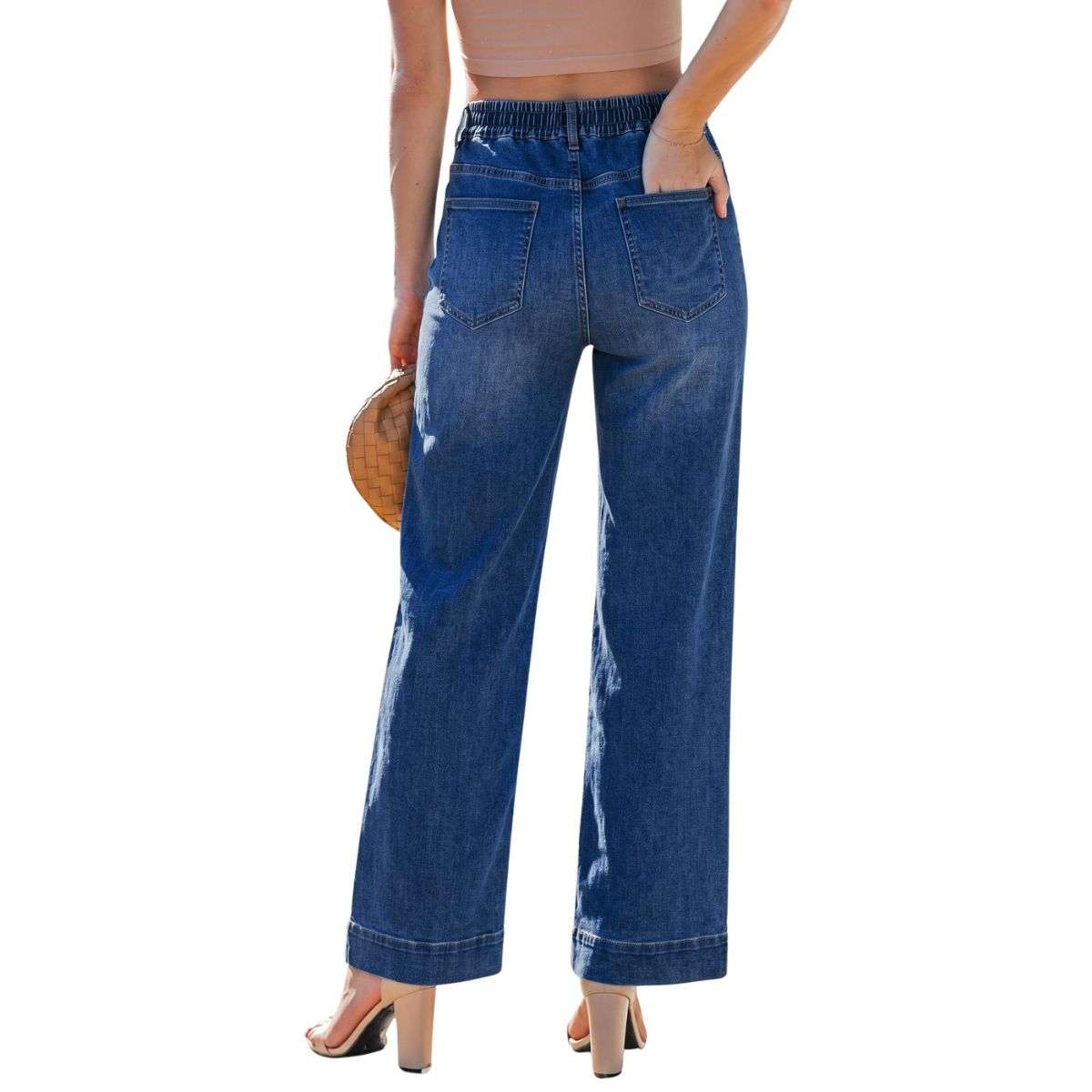 Women’s High Waist Pull On Stretchy Straight Leg Denim Long Pants