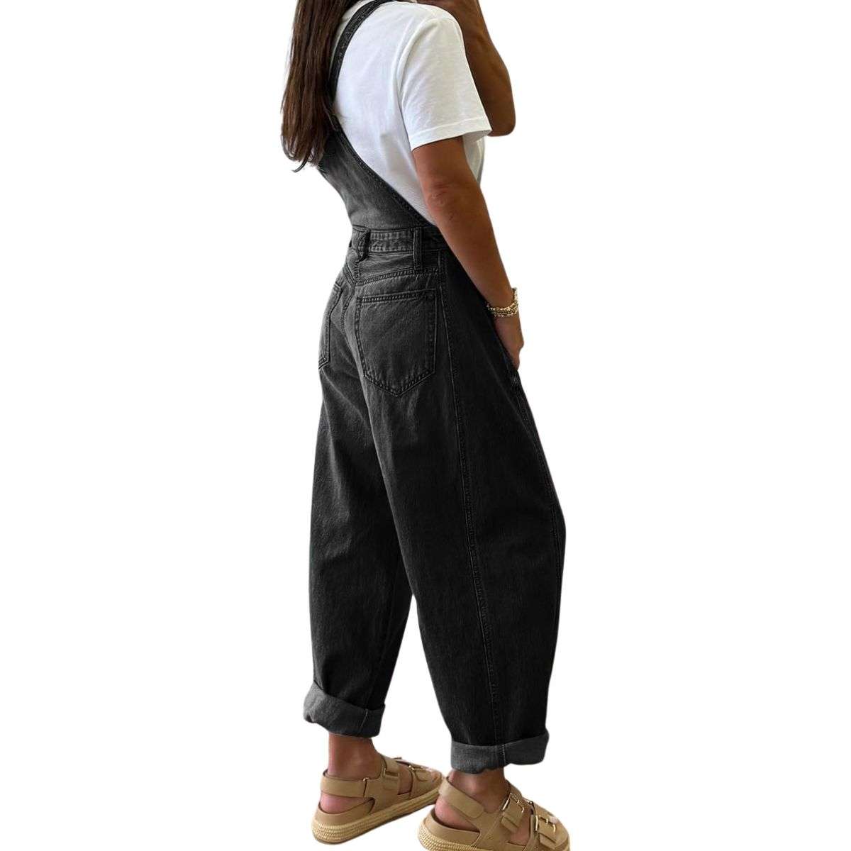 Women’s Loose Fit Adjustable Strap Cargo Denim Bib Overalls