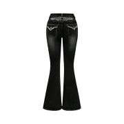 Women’s Gothic Punk Rhinestone Embroidered Flare Jeans