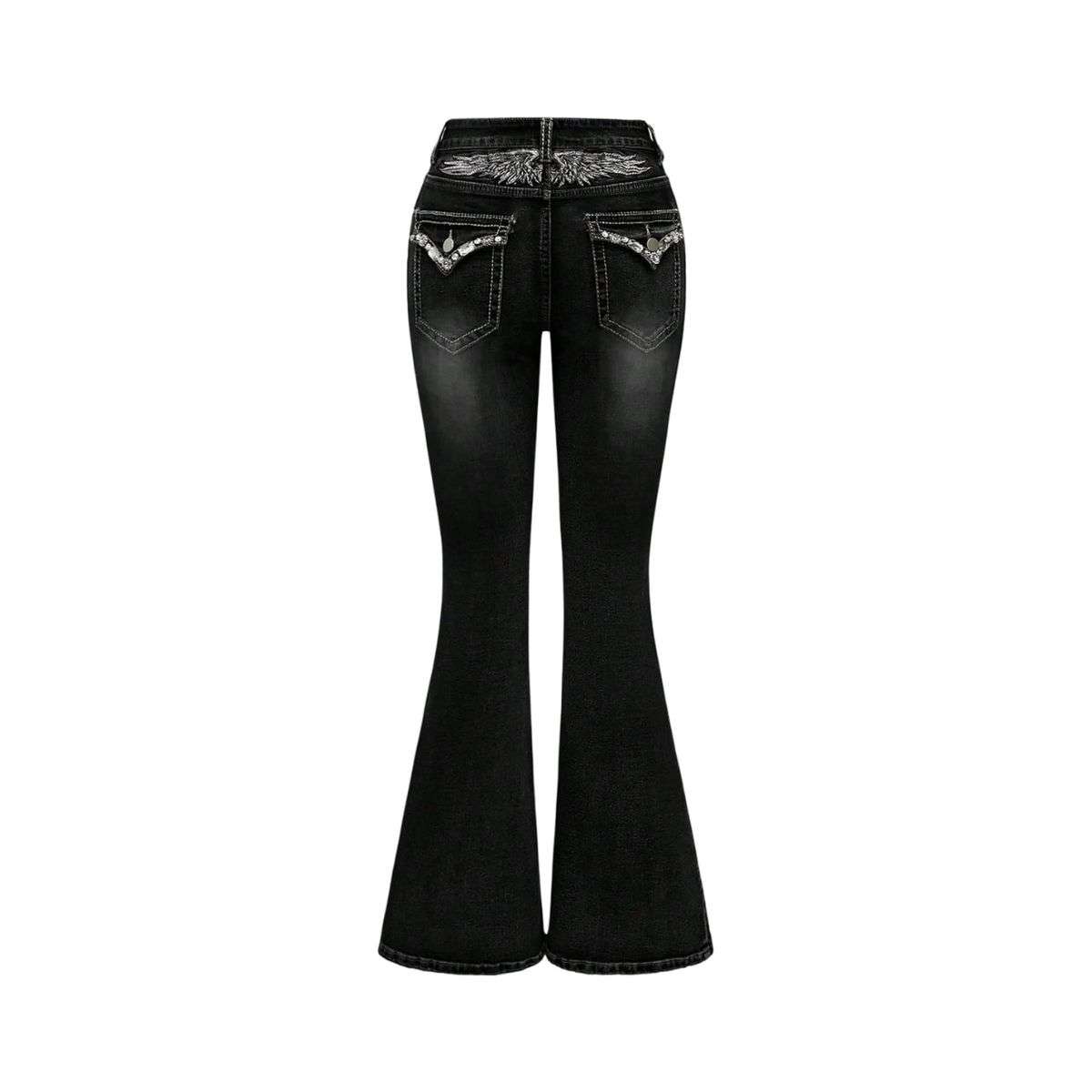 Women’s Gothic Punk Rhinestone Embroidered Flare Jeans