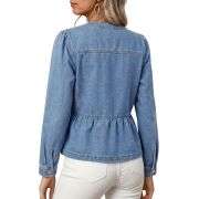 Women’s Collarless Button Front Cinched Waist Long Sleeve Denim Jacket