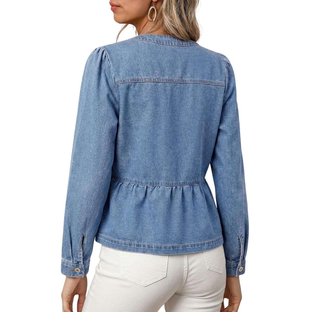 Women’s Collarless Button Front Cinched Waist Long Sleeve Denim Jacket
