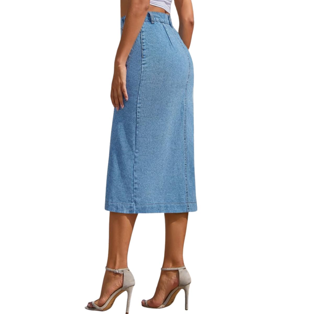 Women’s High Waisted Button Front Slit Midi Denim Skirt