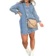 Women’s Button Front Long Sleeve Short Denim Dress