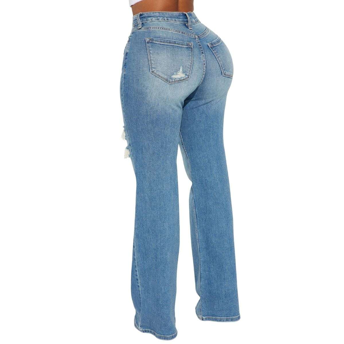 Women’s Ripped Washed High Rise Stretch Straight Wide Leg Jeans