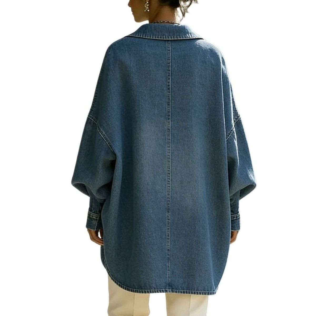 Women’s Collared V-Neck Oversized Long Sleeve Denim Tunic Shirt