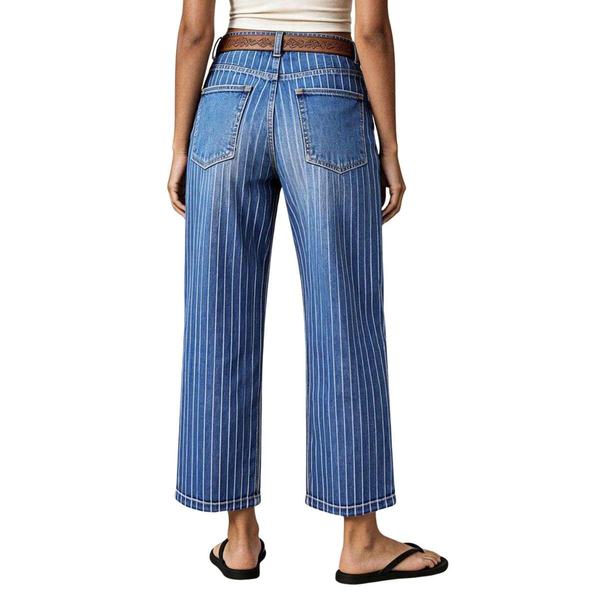 Women’s Mid Rise Striped Patch Pocket Wide Leg 3/4 Jeans