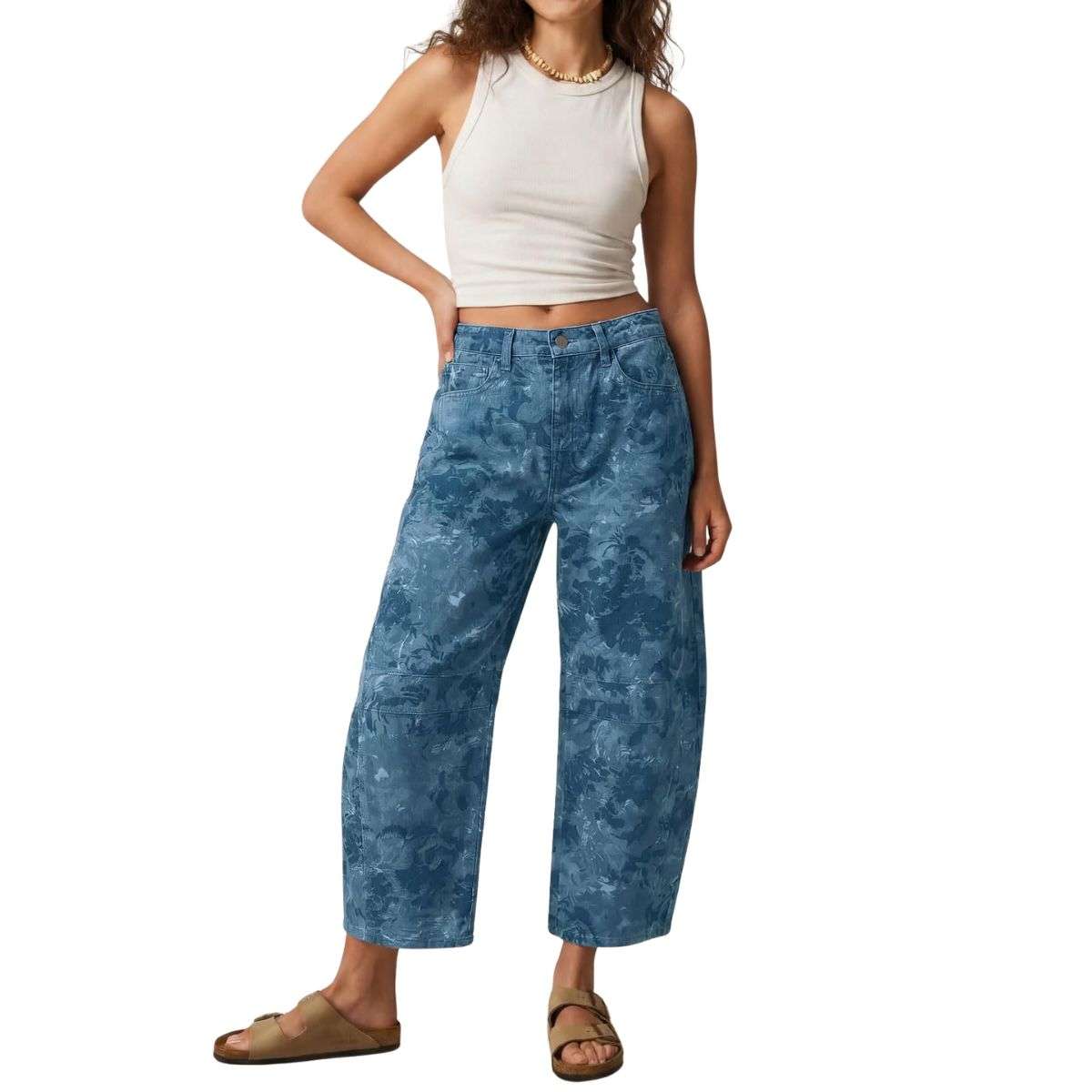 Women’s Mid Rise Printed Loose Barrel Leg Jeans