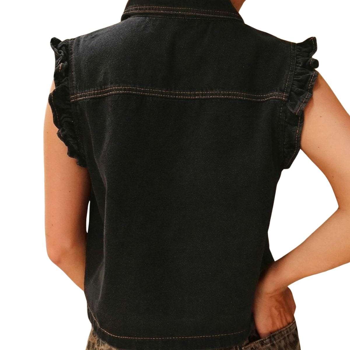 Women’s Sleeveless Ruffle Trim Cinched Short Denim Vest