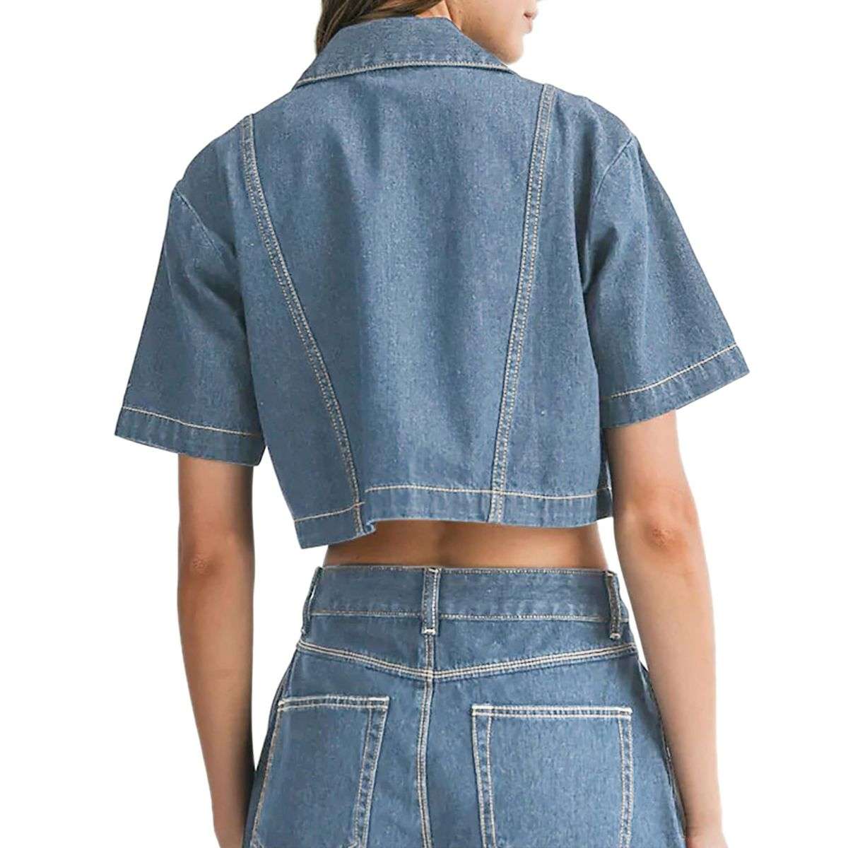 Women’s Short Sleeve Cropped Collared Button Denim Jacket