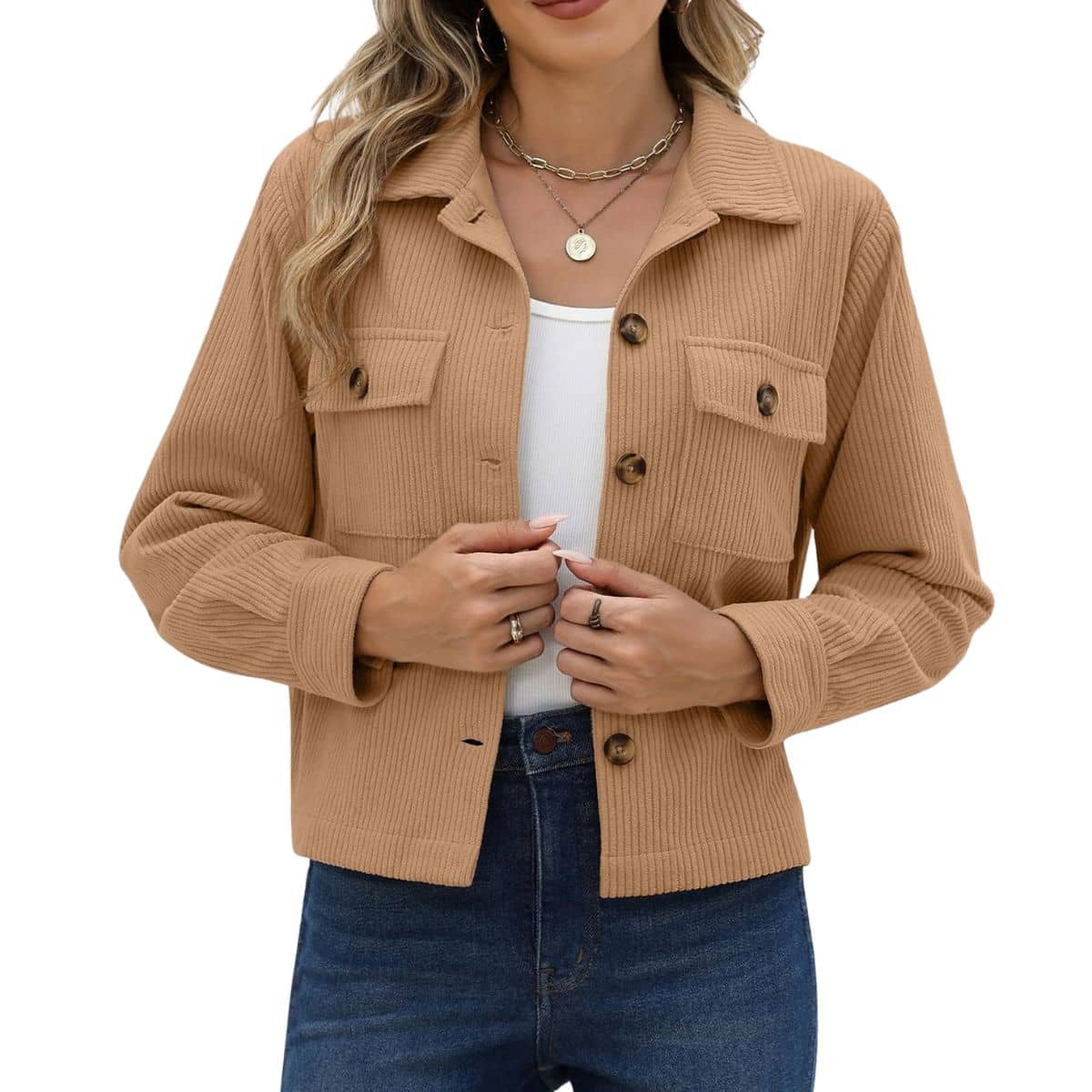 Women’s Fashion Cropped Corduroy Collared Long Sleeve Jacket