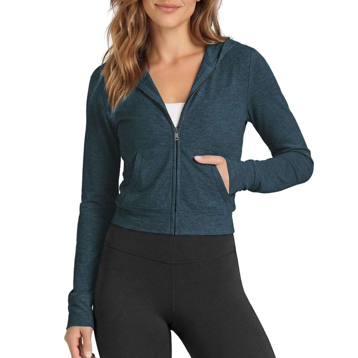 Women’s Full Zip Up Hooded Cropped Jacket with Pockets