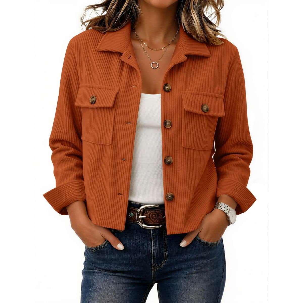 Women’s Fashion Cropped Corduroy Collared Long Sleeve Jacket