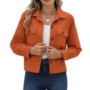 Women’s Fashion Cropped Corduroy Collared Long Sleeve Jacket