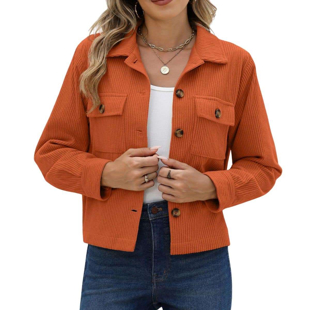 Women’s Fashion Cropped Corduroy Collared Long Sleeve Jacket