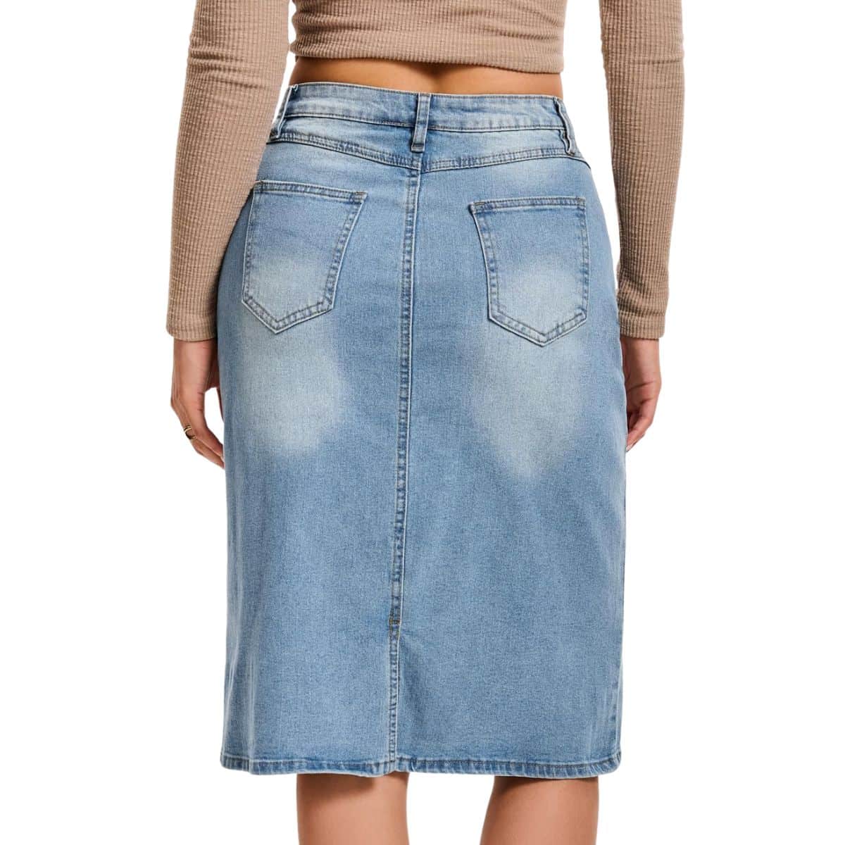 Women’s Stretchy Back Slit Midi Denim Skirt