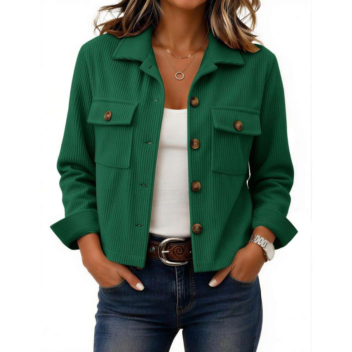 Women’s Fashion Cropped Corduroy Collared Long Sleeve Jacket