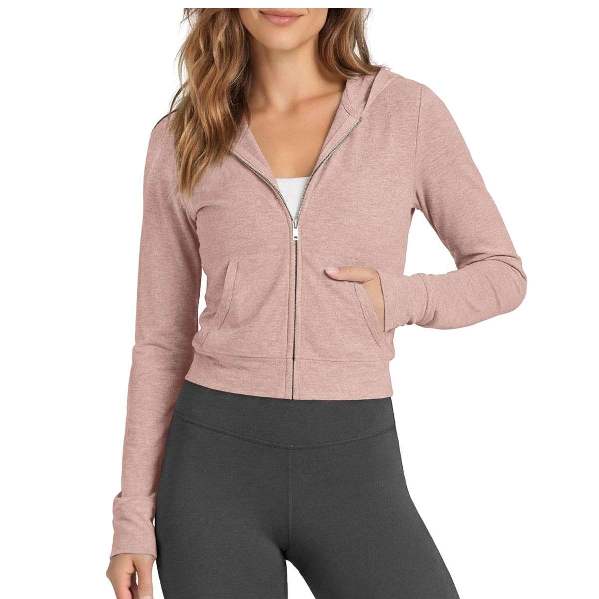 Women’s Full Zip Up Hooded Cropped Jacket with Pockets